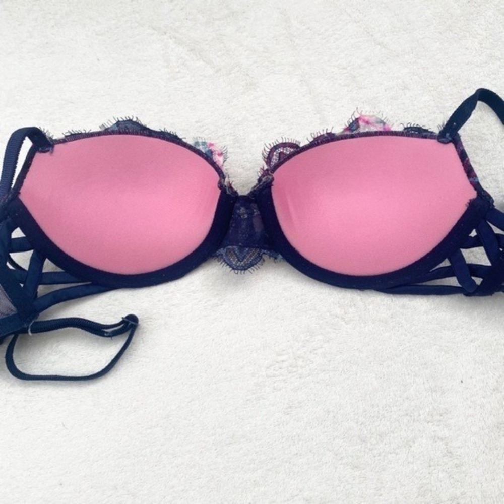PINK Victoria's Secret Lace Date Push-Up Bra 32B Blue Pink Floral - Picture 2 of 8